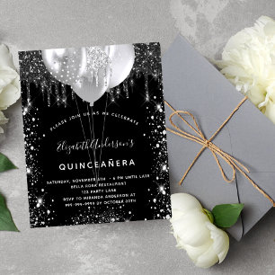 Budget Quinceanera black silver balloon invitation