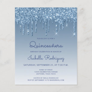 Budget Quinceañera Blue Glitter Drip Invitation