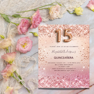 Budget Quinceanera blush pink rose gold invitation