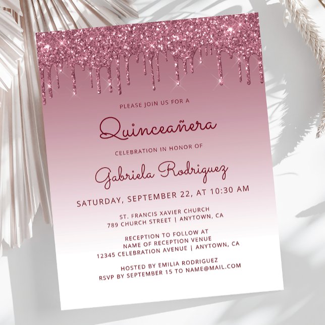 Budget Quinceañera Burgundy Glitter Drip Invite (Creator Uploaded)