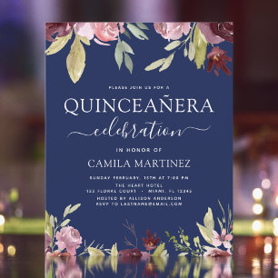 Budget Quinceanera Burgundy Pink Floral Invitation