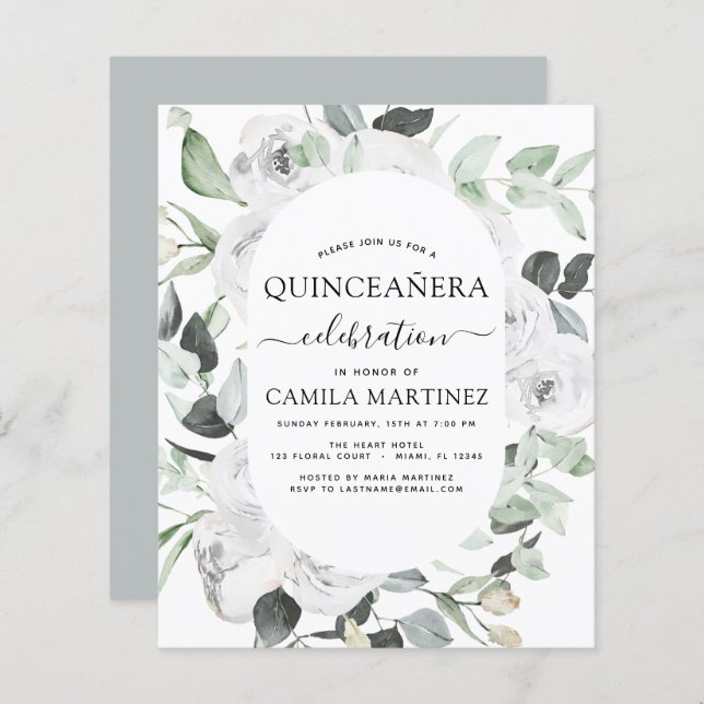 Budget Quinceañera Eucalyptus Floral Invitation (Front/Back)