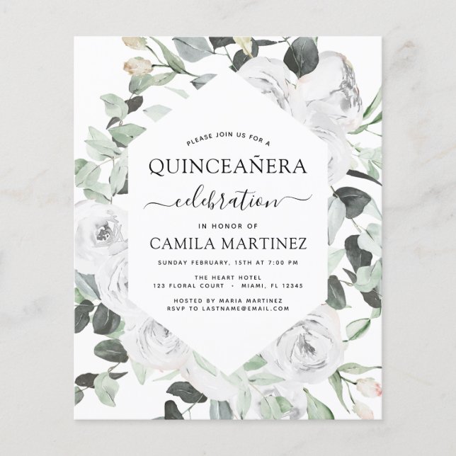 Budget Quinceañera Eucalyptus Floral White Roses Flyer (Front)