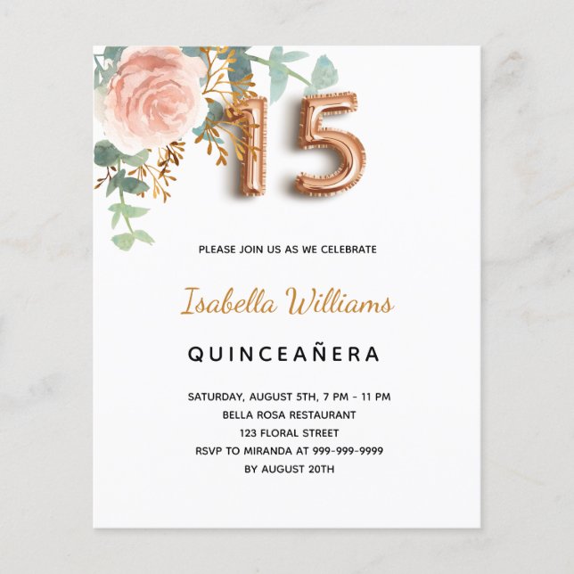 Budget Quinceanera floral rose gold eucalyptus (Front)