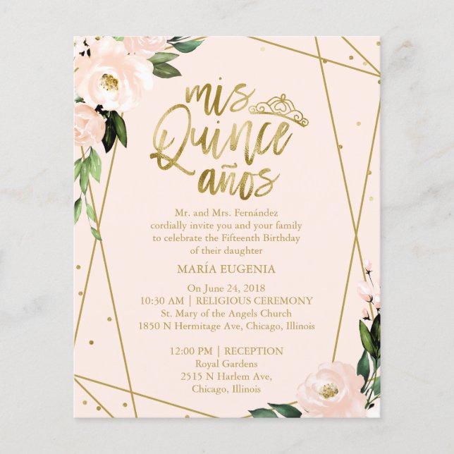 Budget Quinceanera Invitation Bilingual Blush Pink (Front)