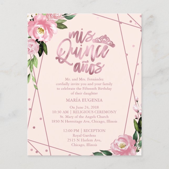 Budget Quinceanera Invitation Bilingual Blush Pink (Front)