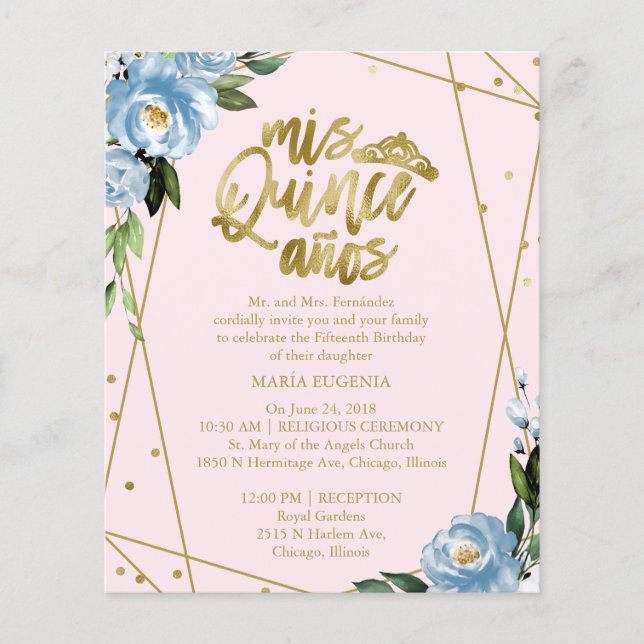 Budget Quinceanera Invitation Bilingual Pink Blue  (Front)