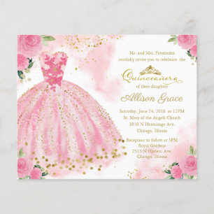 Budget Quinceanera Invitation Bilingual Pink Gown