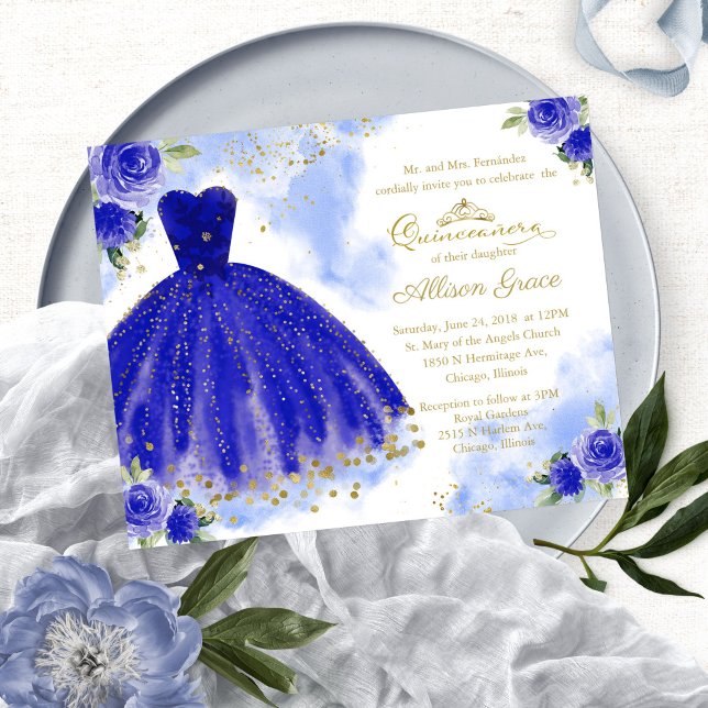 Budget Quinceanera Invitation Bilingual Royal Blue (Creator Uploaded)