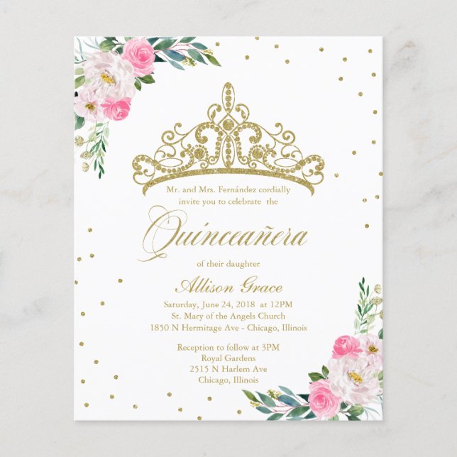 Budget Quinceanera Invitation Bilingual Tiara (Front)