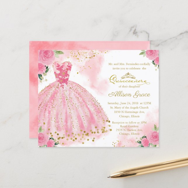 Budget Quinceanera Invitation Gold Hot Pink Gown (Front/Back In Situ)