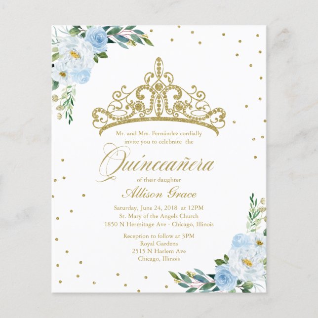 Budget Quinceanera Invitation Gold Tiara (Front)