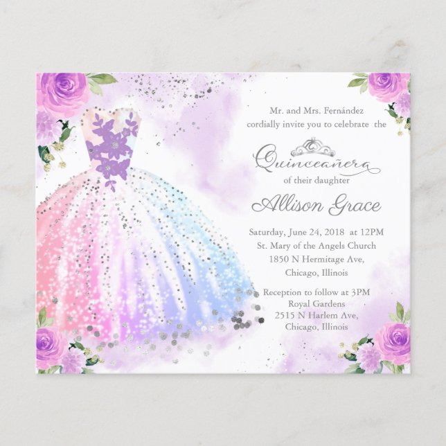 Budget Quinceanera Invitation Padrinos And Damas (Front)