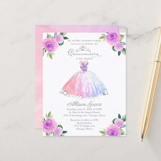 Budget Quinceanera Invitation Pastel Colours Gown (Front/Back In Situ)