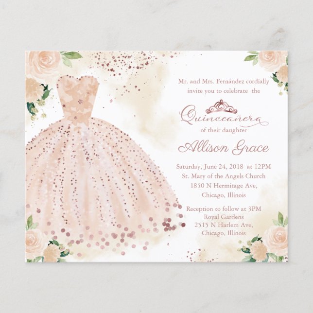 Budget Quinceanera Invitation Rose Gold Blush Gown (Front)