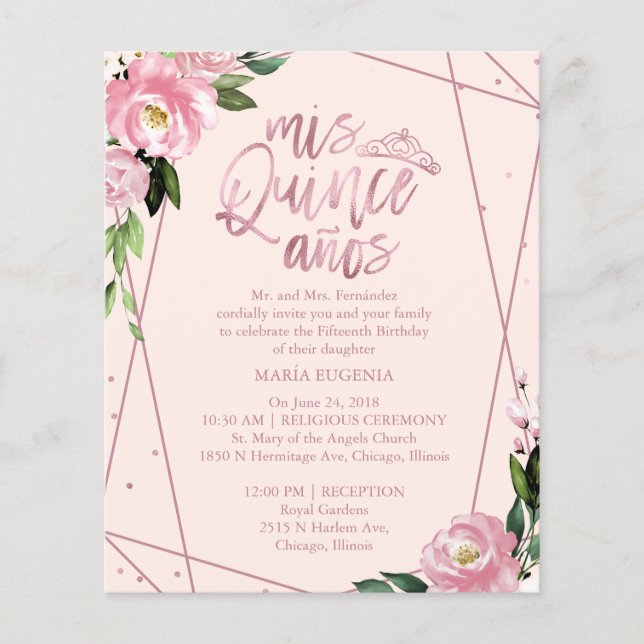 Budget Quinceanera Invitation Rose Gold Blush Pink (Front)