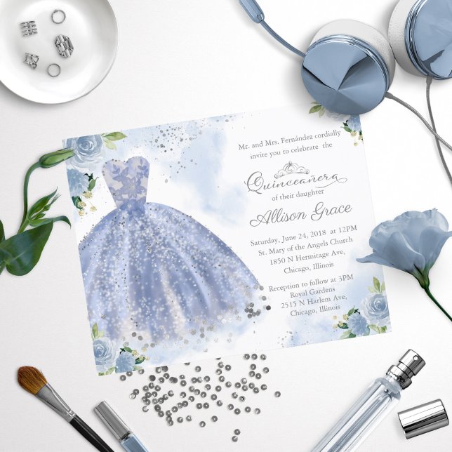 Budget Quinceanera Invitation Silver Blue Gown (Creator Uploaded)