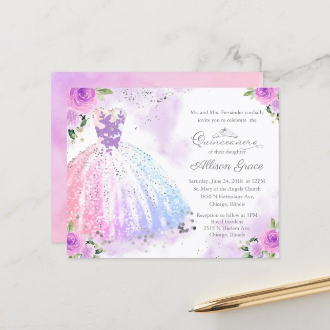 Budget Quinceanera Invitation Silver Colourful Gow (Front/Back In Situ)