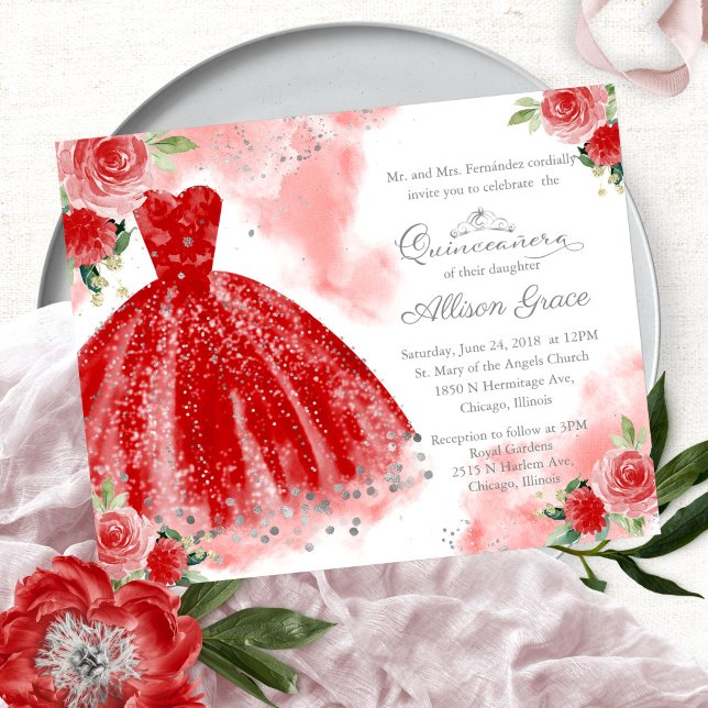 Budget Quinceanera Invitation Silver Red Gown (Creator Uploaded)