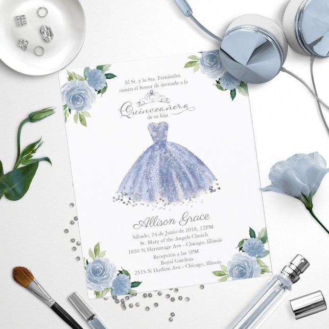 Budget Quinceanera Invitation Spanish Blue Gown (Creator Uploaded)