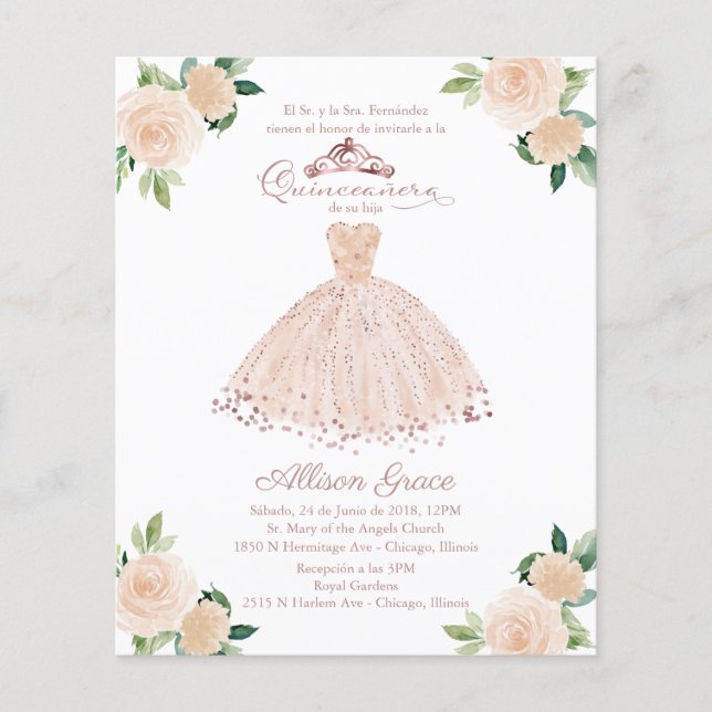 Budget Quinceanera Invitation Spanish Blush Gown (Front)