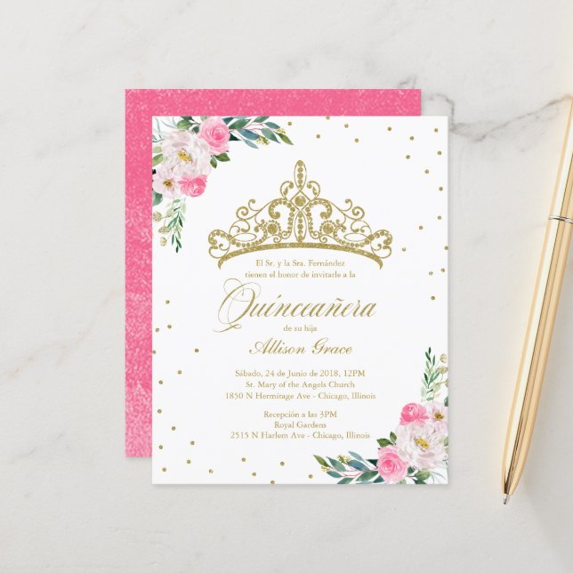 Budget Quinceanera Invitation Spanish Gold Tiara (Front/Back In Situ)
