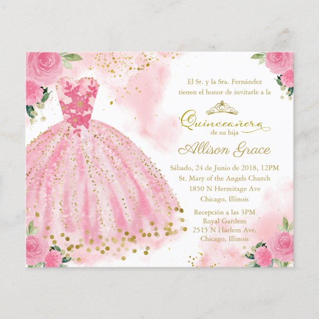 Budget Quinceanera Invitation Spanish Hot Pink (Front)