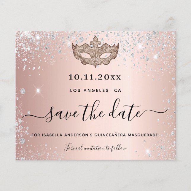 Budget Quinceanera masquerade rose gold save date (Front)