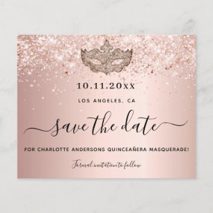 Budget Quinceanera masquerade rose gold save date