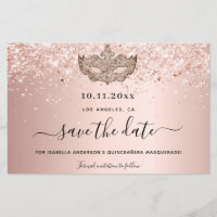 Budget Quinceanera masquerade rose gold save date