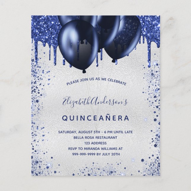 Budget Quinceanera navy blue silver invitation (Front)