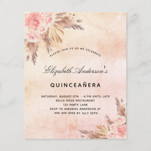 Budget Quinceanera pampas grass blush invitation