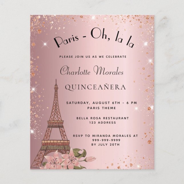 Budget Quinceanera Paris blush pink invitation (Front)
