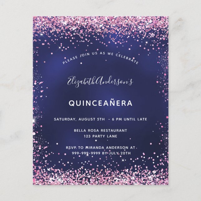 Budget Quinceanera party navy blue pink invitation (Front)