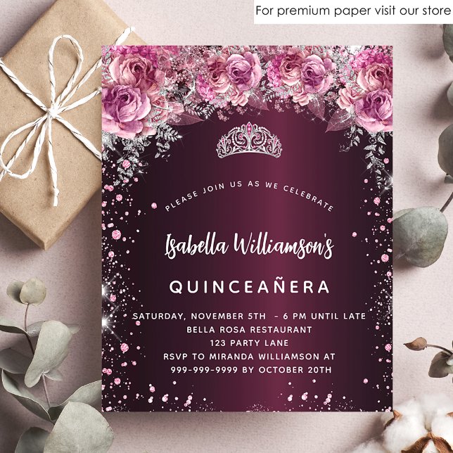 Budget Quinceanera pink burgundy floral invitation Flyer (Creator Uploaded)