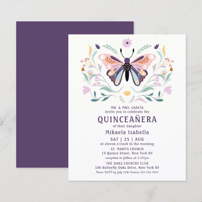 Budget Quinceañera Pink Purple Butterfly Floral (Front/Back)