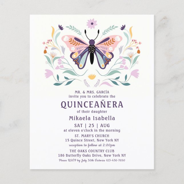 Budget Quinceañera Pink Purple Butterfly Floral Flyer (Front)