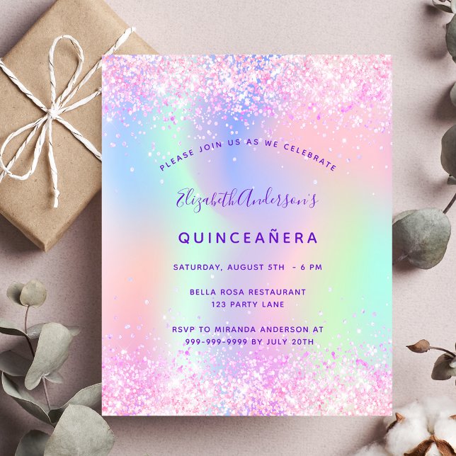 Budget Quinceanera pink purple glitter invitation (Creator Uploaded)