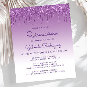 Budget Quinceañera Purple Glitter Drip Invite