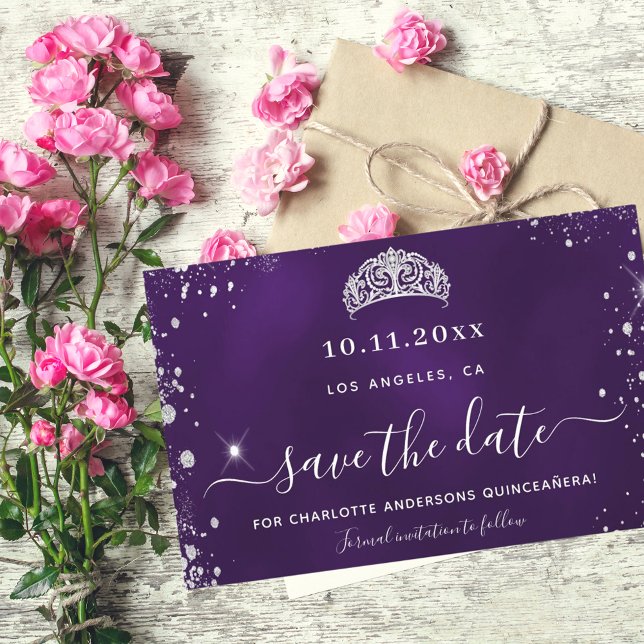 Budget Quinceanera purple silver glitter save date (Creator Uploaded)