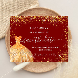 Budget Quinceanera red gold dress save the date