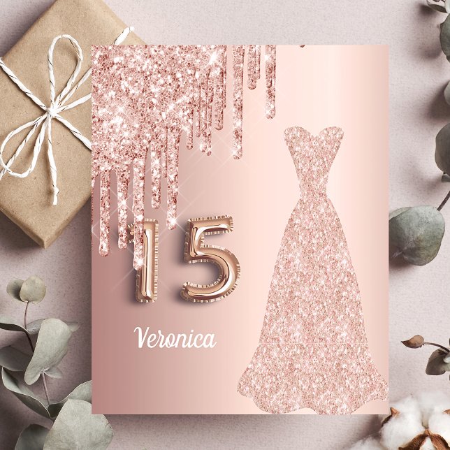 Budget Quinceanera rose gold glitter invitation (Creator Uploaded)
