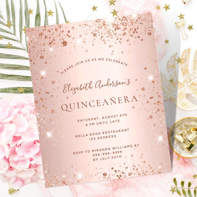 Budget Quinceanera rose gold glitter invitation (Creator Uploaded)