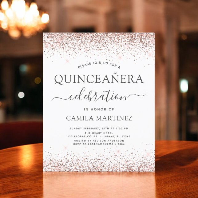 Budget Quinceanera Rose Gold Glitter Invitation Flyer (Creator Uploaded)