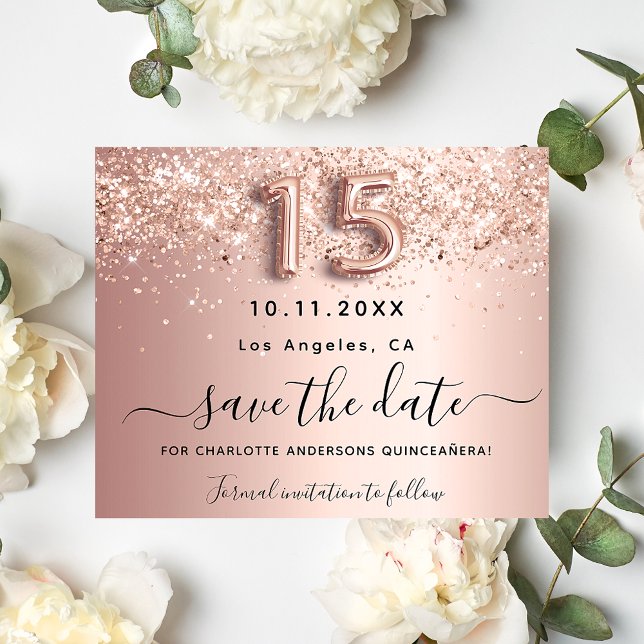 Budget Quinceanera rose gold glitter save the date (Creator Uploaded)