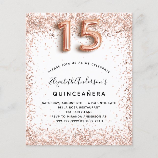 Budget Quinceanera rose gold white invitation (Front)