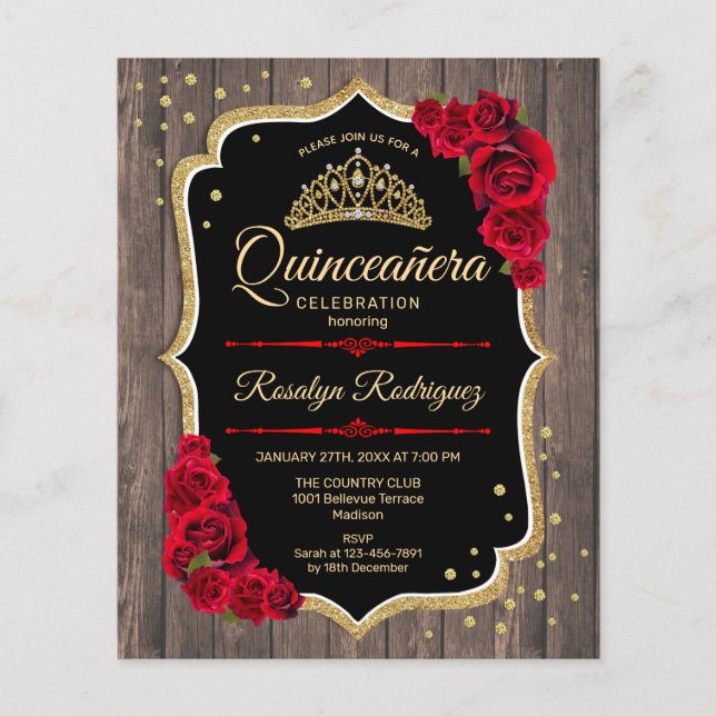 Budget Quinceanera Rustic Wood Gold Red Invitation Flyer (Front)