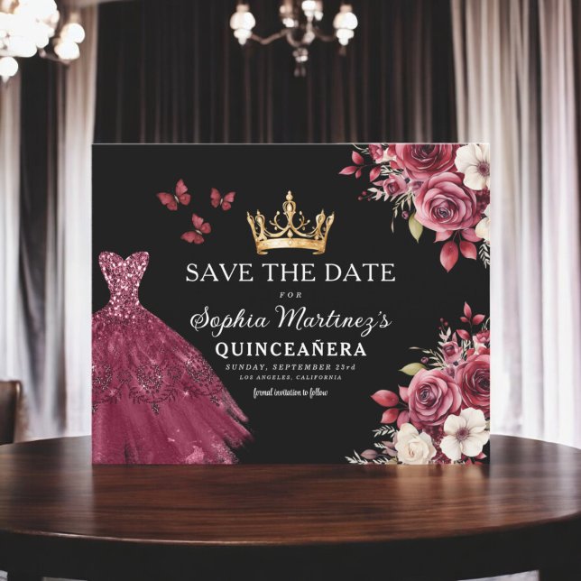 Budget Quinceanera Save the Date Floral Burgundy  (Creator Uploaded)