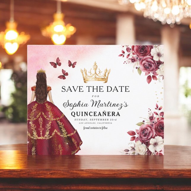 Budget Quinceanera Save the Date Floral Burgundy  (Creator Uploaded)