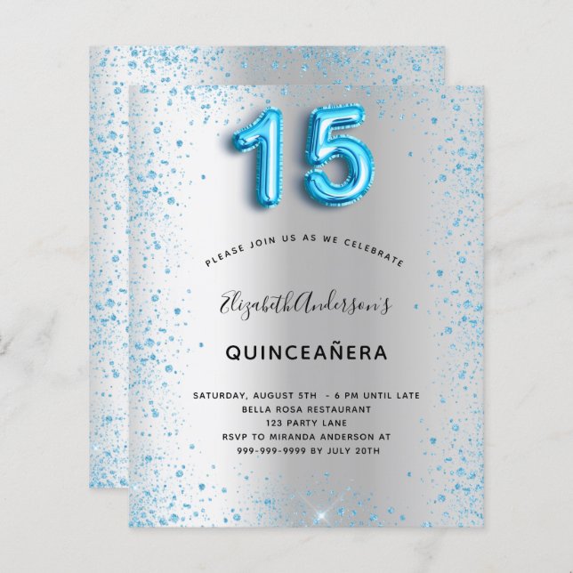 Budget Quinceanera silver blue glitter invitation (Front/Back)